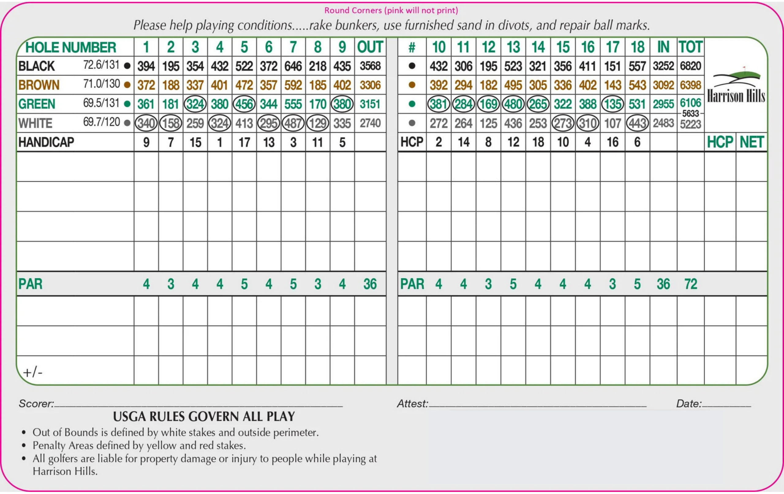 Harrison Hills Golf Club Scorecard