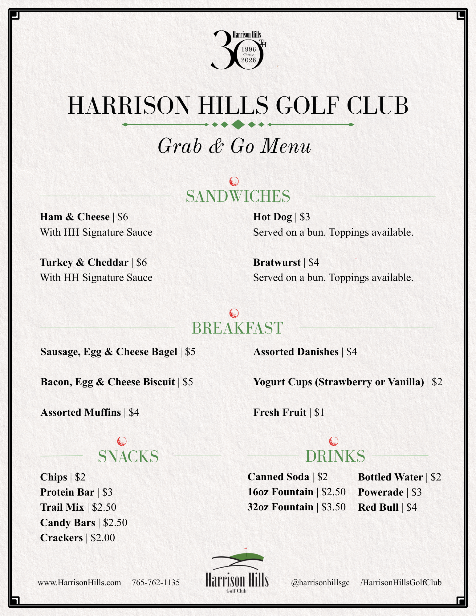 Harrison Hills Golf Club Grab and Go Snack Shop Menu Attica Indiana