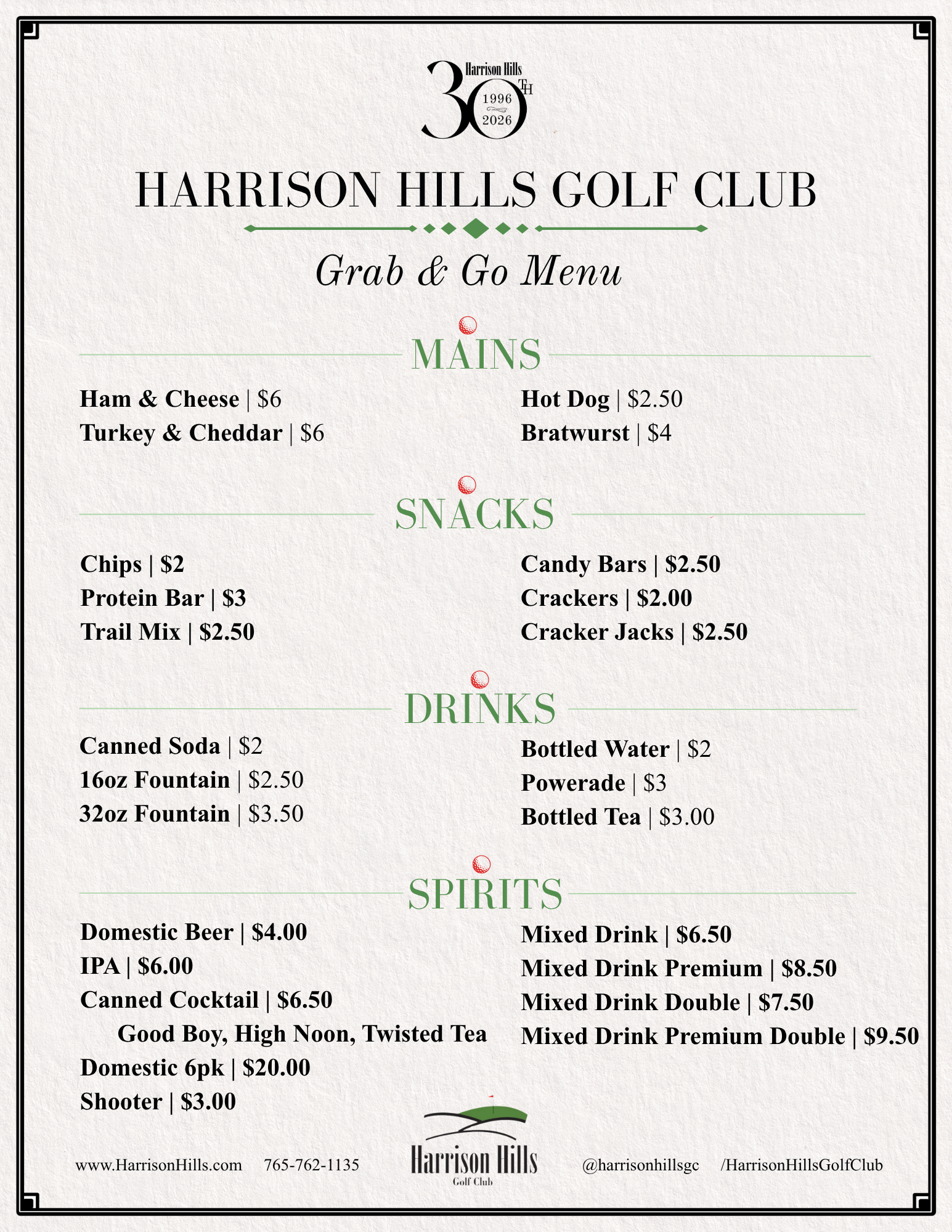 Harrison Hills Golf Club Snack Bar Menu Attica Indiana